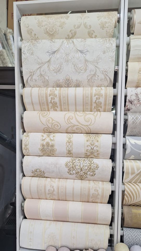 کاغذ دیواری سفیدوطوسی وطلایی طرح پتینه نانو خارجی قابل شستشو